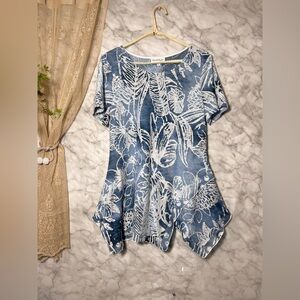 Floral Handkerchief Hem Burnout Blue Gradient Boho Tunic Top Flowy Size S